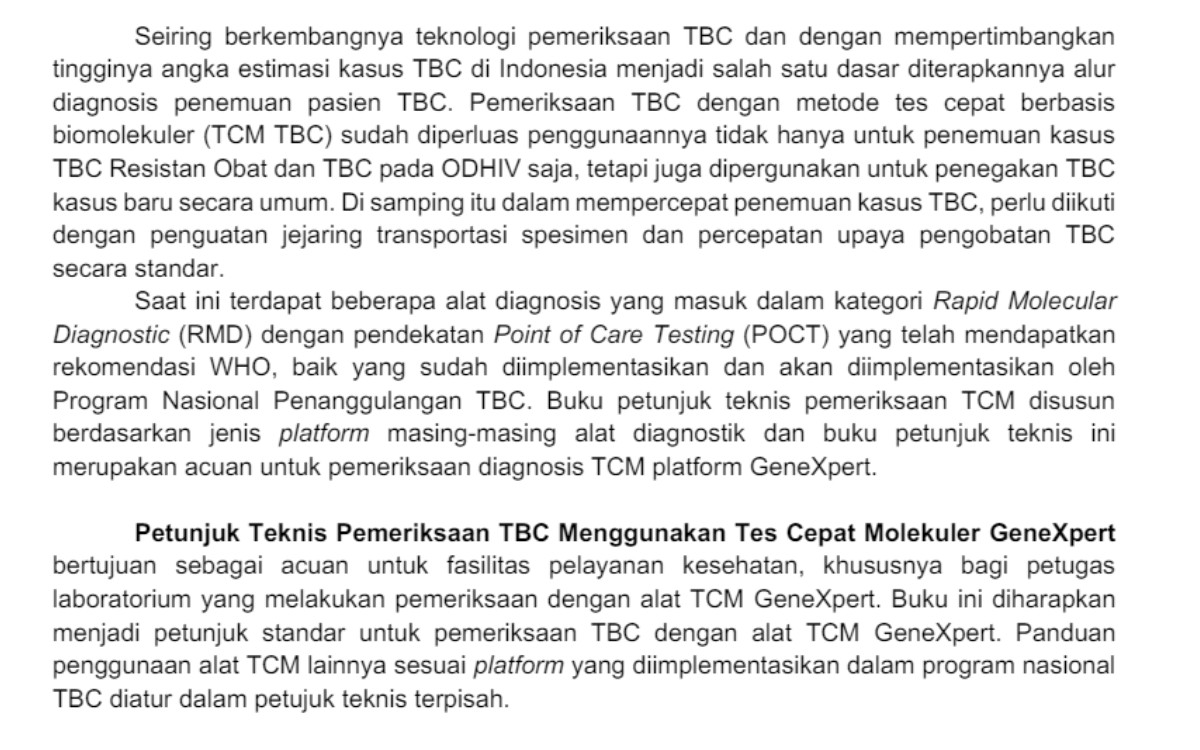 Isi Kata Pengantar Petunjuk Teknis Pemeriksaan TB Menggunakan TCM.